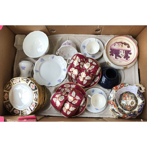 85 - A box of ceramics to include Royal Crown Derby traditional Imari tea plates, antique cups & saucers,... 