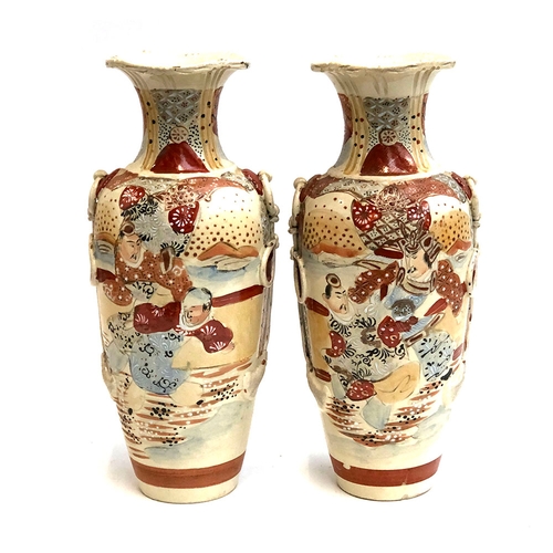 97 - A pair of Japanese satsuma vases, with applied cord style handles, 37cmH