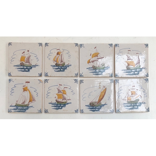 104 - A collection of eight Delft tiles decorated with ships and boats, 13x13cm