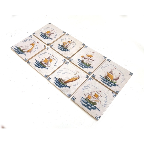 104 - A collection of eight Delft tiles decorated with ships and boats, 13x13cm