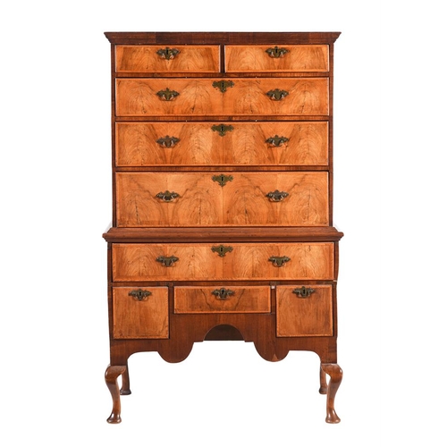 802 - A George II and later walnut chest on stand, the top with moulded cornice over two short and three g... 