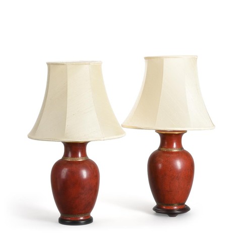 797 - A pair of red and gilt table lamps, of recent manufacture, 70cm including shades