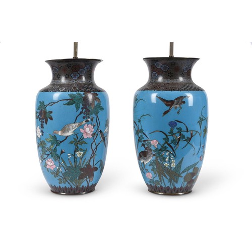 798 - A large pair of 19th century Japanese Meiji cloisonne vases, decorated with birds perched in branche... 