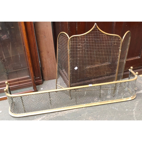 800 - A brass and wire fender, 111cmW; together with a three fold fire screen, 65cmH