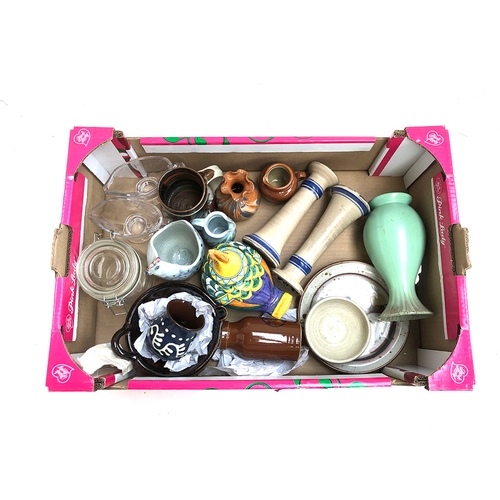 66 - A large box of studio pottery including a Wetherigg vase, a pair of Willer Denmark candlesticks, etc