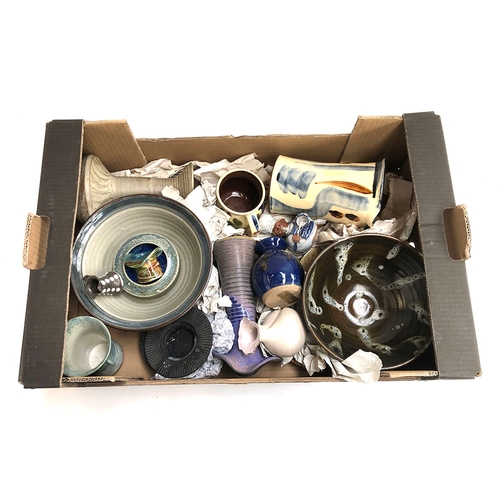 76 - A large box of studio pottery to include Branham, Robert Welch, Cornish pottery, etc