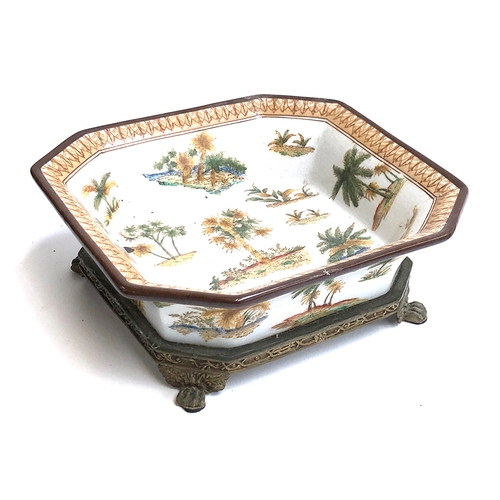 64 - A Chinese crackle glaze rectangular dish with canted corners, gilt metal mounted base, 21.5cm wide