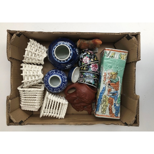 71 - A small box of ceramics to include a Chinese pillow; two Chinese ginger jars; other miscellaneous Ch... 