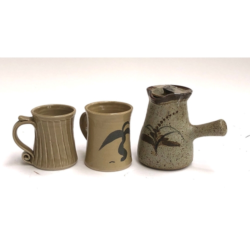 72 - Three pieces of David Leach Lowerdown Pottery, comprising lidded coffee pot and two mugs (3)