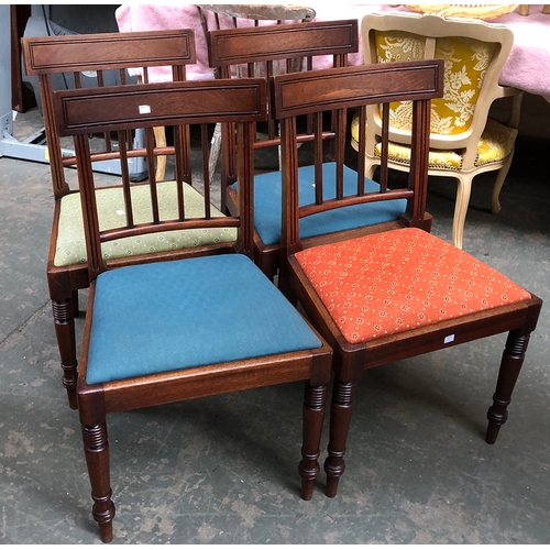 758 - A set of four mahogany 19th century side chairs, curved toprail, four vertical splats, drop in uphol... 