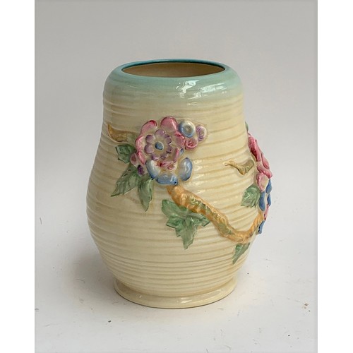 114 - Clarice Cliff for Newport Pottery, floral vase of ribbed baluster form, 21cmH