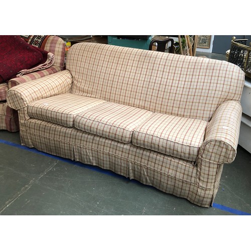 769 - A 20th century three seater sofa upholstered in a checkered fabric, 250cmW