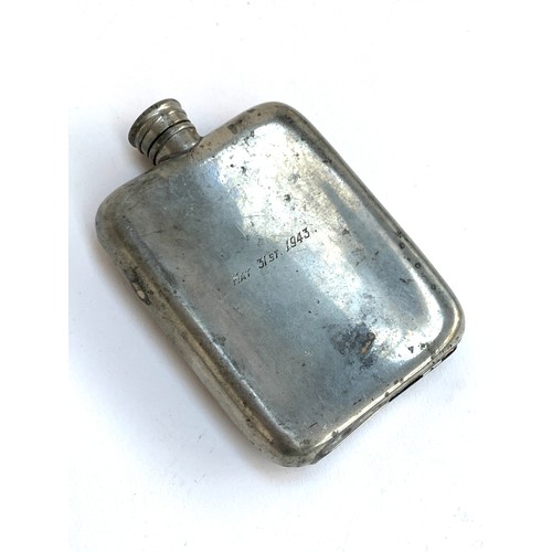 124 - A silver plated WW2 hip flask, engraved May 31st 1943 with the initials H.J.C, 9cmW