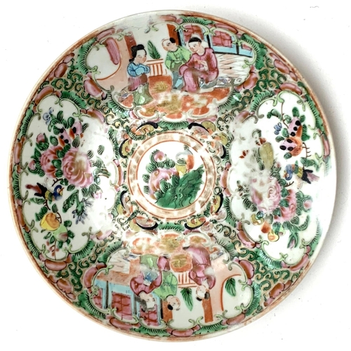 107 - A 19th century Chinese export famille rose porcelain dish, panels depicting court scenes and birds a... 