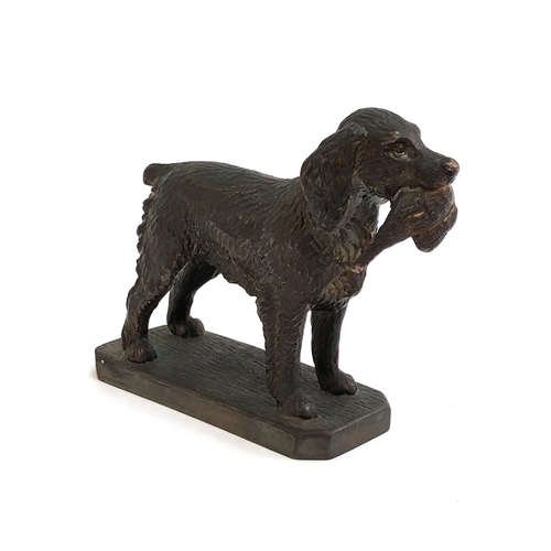 130 - Louis LeJeune - A bronze metal car mascot of a Springer Spaniel carrying a pheasant, marked LE to ba... 