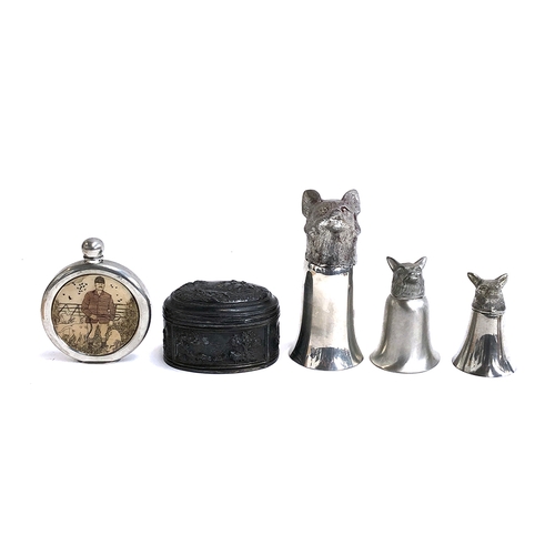 120 - Three fox mask stirrup cups, the largest 15.5cm high; hip flask; pewter casket depicting hunting sce... 