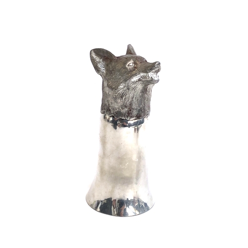 120 - Three fox mask stirrup cups, the largest 15.5cm high; hip flask; pewter casket depicting hunting sce... 