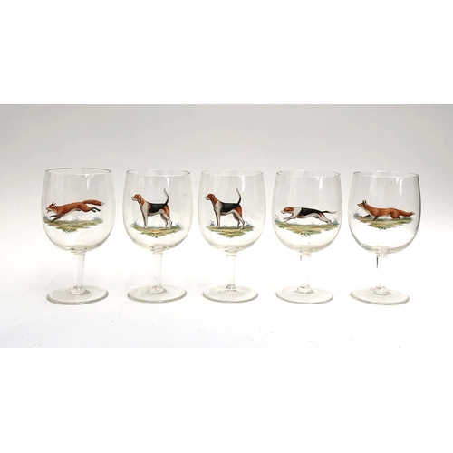 125 - Five large wine glasses hand painted with foxes and hounds, 19.5cmH