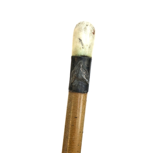 102 - A bamboo riding whip with antler handle and fox mask collar, 73cmL; together with one other cane, 91... 