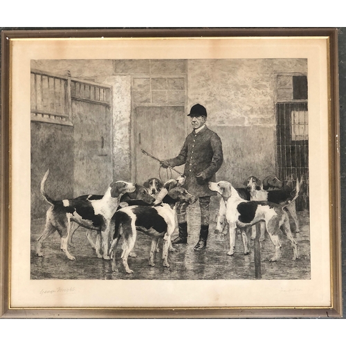 229 - After George Wright, engraving of Frank Dean with hounds in kennel, signed in pencil by Wright and D... 