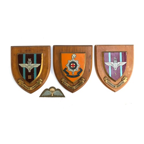 981 - Two British Parachute Regiment wooden plaques bearing the motto 'UTRINQUE PARATUS', each 15cmW; toge... 