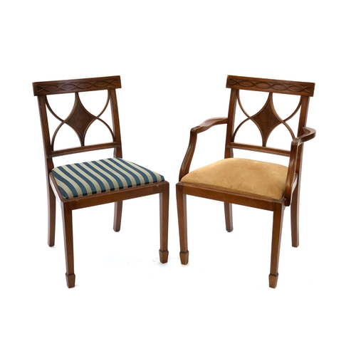 1650 - A set of ten reproduction dining chairs, comprising eight side chairs with blue stripe upholstered d... 