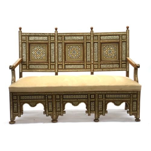 1662 - An Egyptian upholstered bench, 20th century, all over geometric bone and mother of pearl inlay, sued... 