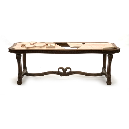 1666 - A modern coffee table with marble top in as found condition, 162cm wide, 60cm deep, 54cm high