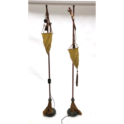 1670 - A pair of Italian Fotuny Venezia silk Cesendello floor lamps, in yellow ochre, heavy iron bases, eac... 