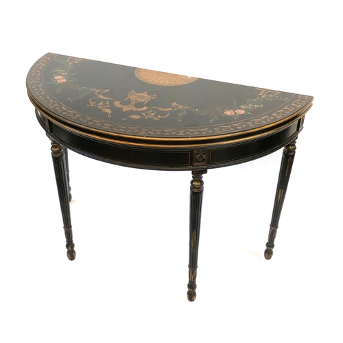 1678 - A pair of ebonised, polychrome and parcel gilt demilune console tables, of recent manufacture, paint... 