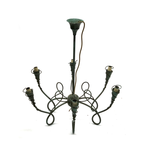 1679 - A patinated metal six arm chandelier, 68cm diameter, 68cm  high