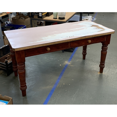 1715 - A Victorian pine farmhouse side table, in as found condition, formica over the pine top, the red sta... 