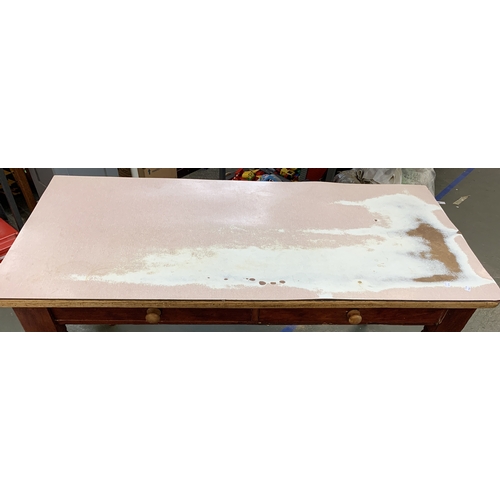 1715 - A Victorian pine farmhouse side table, in as found condition, formica over the pine top, the red sta... 