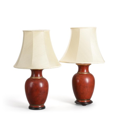 1716 - A pair of red and gilt table lamps, of recent manufacture, 70cm including shades