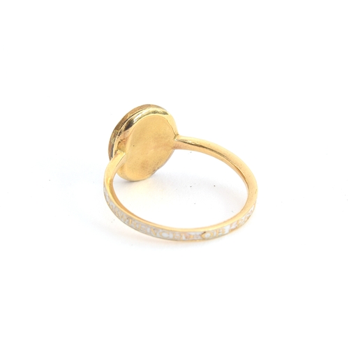 8 - A Georgian gold mourning ring, the white enamel band engraved 'Robt Lawrence OB 26 Apr 1774 AE 40', ... 