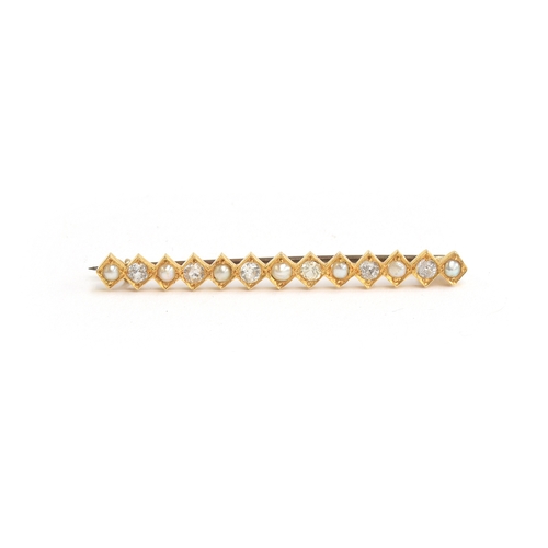 34 - A gold bar brooch set with alternating diamonds and pearls, unmarked but tests as 18ct gold, 4.8cm l... 