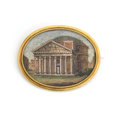 10 - A fine quality Victorian gold mounted micro mosaic brooch depicting The Pantheon, Rome. The gold unm... 