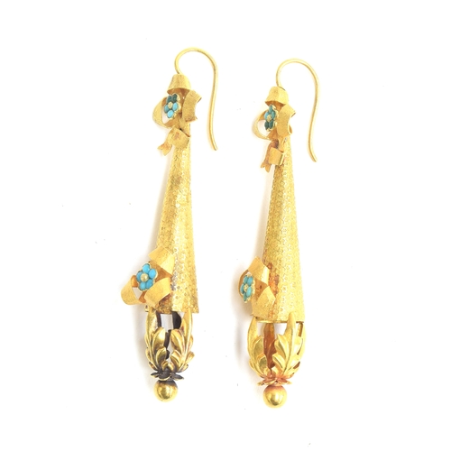 17 - A pair of mid Victorian gold torpedo drop earrings, decorated with bows and turquoise forget-me-nots... 