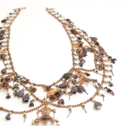 39 - A Victorian gilt metal beetle festoon necklace possibly made from blue-violet chafer beetles (hoplia... 