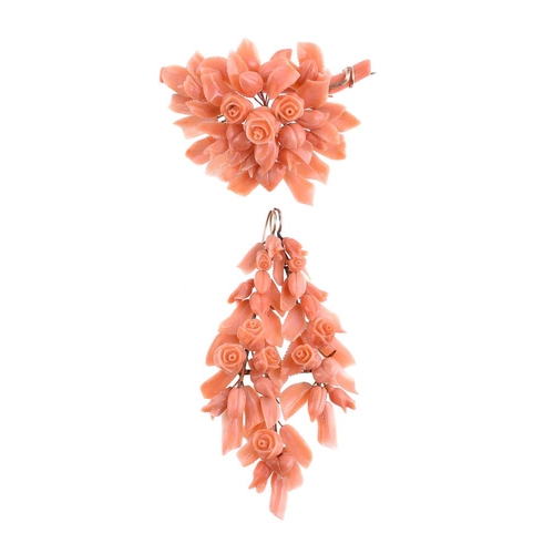 41 - A mid 19th century coral brooch and pendant suite, the brooch with carved coral rose heads and buds ... 