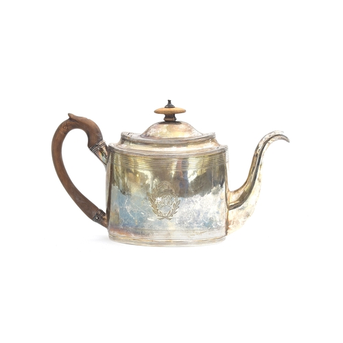 122 - A George III silver teapot by George Burrows, London 1798, oval form with engraved decoration, bone ... 