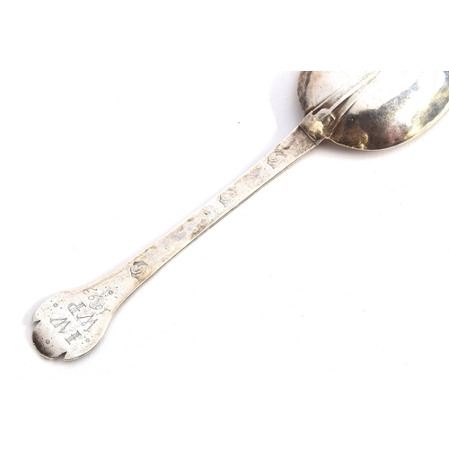 120 - A James II trefid spoon, probably by Thomas Sadler, rattail bowl, the reverse of the terminal engrav... 