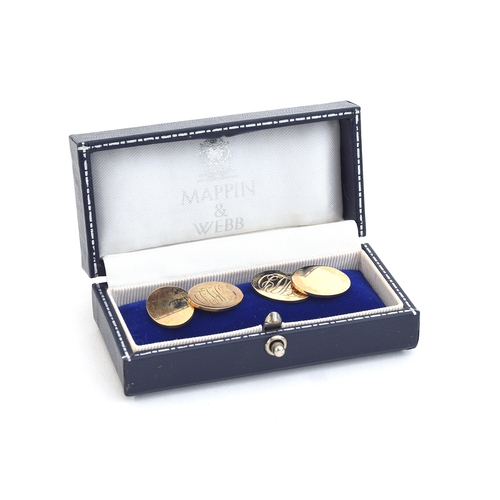 68 - A pair of 9ct gold cufflinks, monogrammed, c.1990, in a Mappin & Webb box, 12g