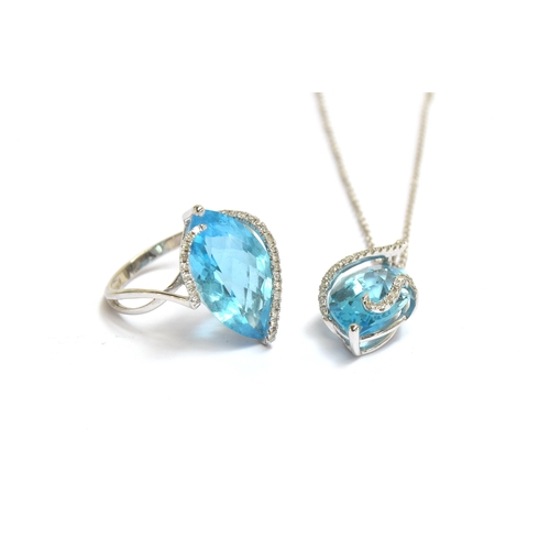 88 - An Effy 'Ocean Bleu' 14ct white gold, diamond and blue topaz ring, size O, 3.8g; together with a mat... 