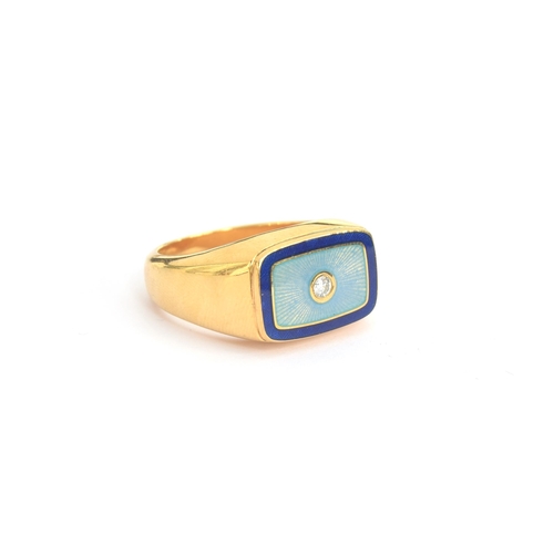 70 - A Victor Mayer for Faberge 18ct gold ring, royal and powder blue guilloche enamel set with a central... 