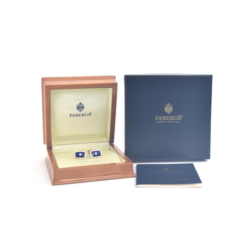 71 - A pair of Victor Mayer for Faberge 18ct gold cufflinks, white and royal blue guilloche enamel set wi... 