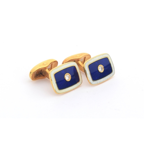 71 - A pair of Victor Mayer for Faberge 18ct gold cufflinks, white and royal blue guilloche enamel set wi... 