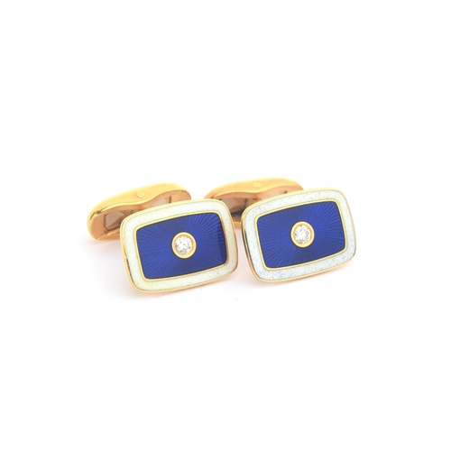 71 - A pair of Victor Mayer for Faberge 18ct gold cufflinks, white and royal blue guilloche enamel set wi... 