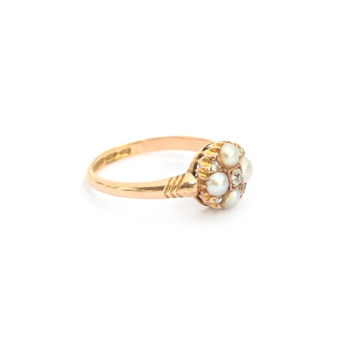 3 - A late Victorian 18ct gold pearl and diamond quatrefoil cluster ring, hallmarked for Birmingham 1892... 