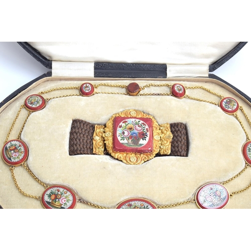 9 - A Victorian Grand Tour micro mosaic demi parure in fitted case, comprising a gold mounted riviere ne... 